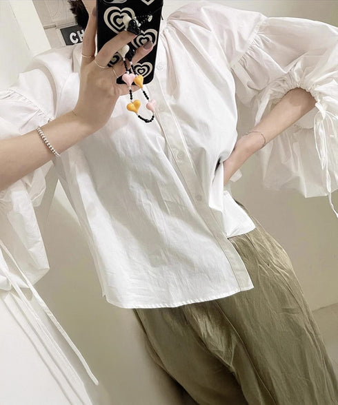 ランタンスリーブシャツブラウスレディース ぽわん袖ブラウス きれいめ ドロップショルダートップス着やせ 大人可愛い スキッパーシャツおしゃれ 韓国風春夏服ゆったり 2DAIWEI-004